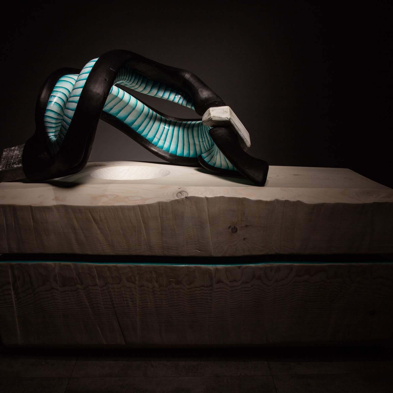 sanderson Biome abstract sculpture black with blue and white stripes