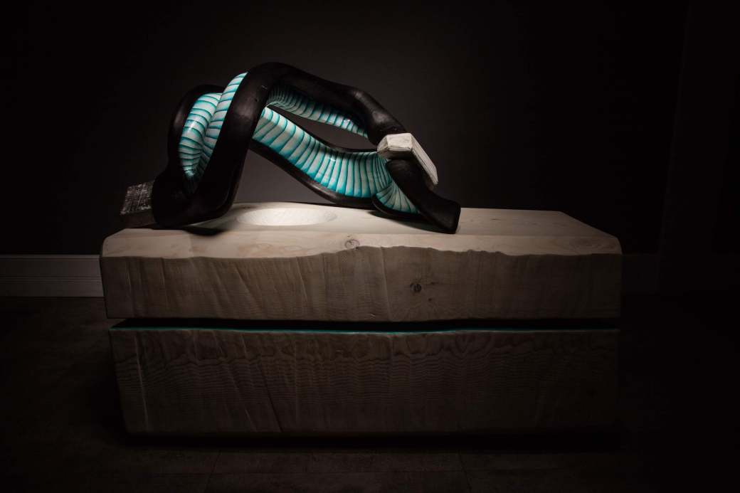 sanderson Biome abstract sculpture black with blue and white stripes