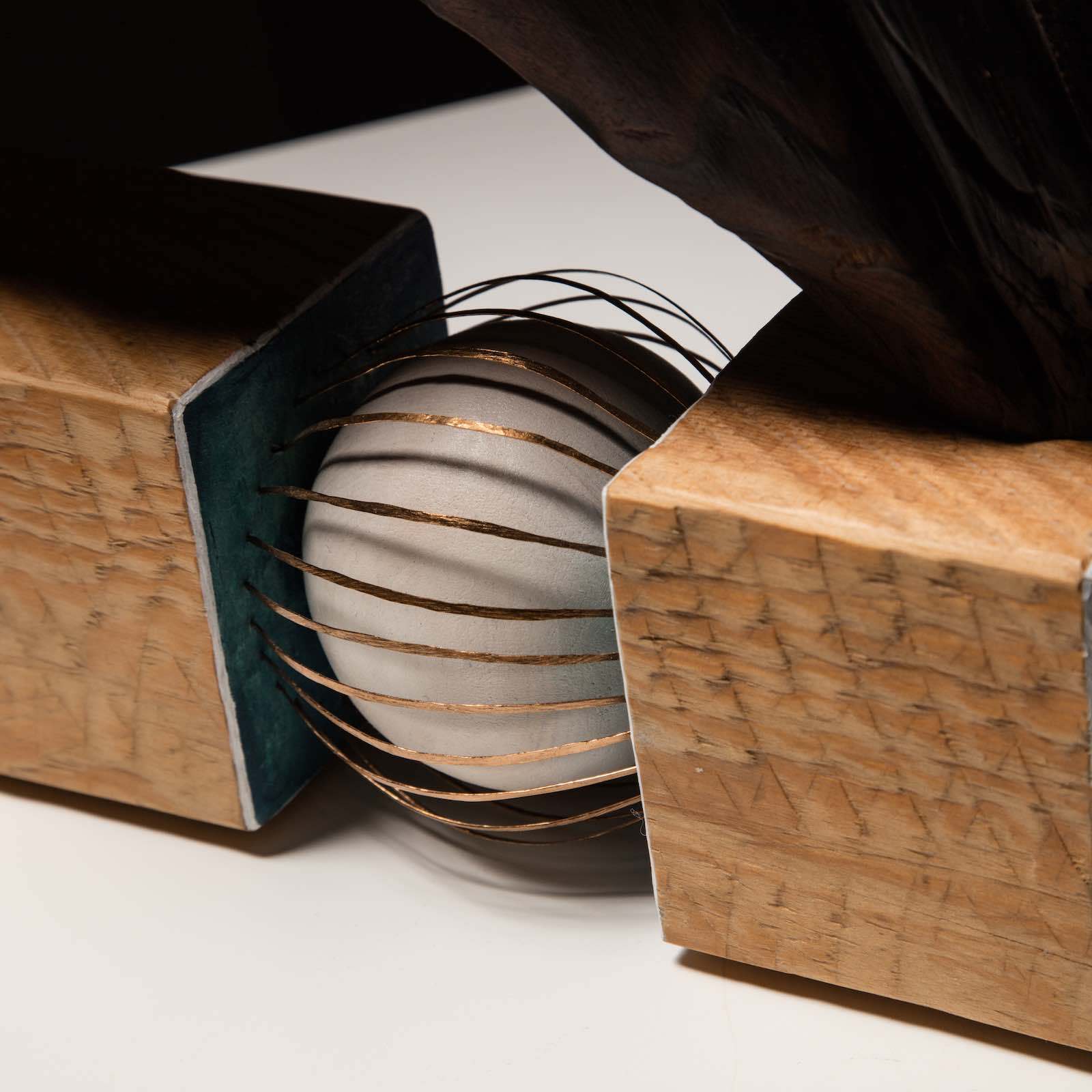 sanderson Compulsion, abstract sculpture detail in cedar and hammered bronze wire