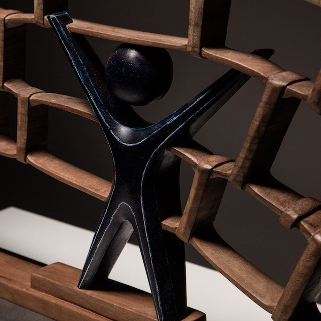 sanderson Hardwired abstract sculpture with human figure in butternut and metal